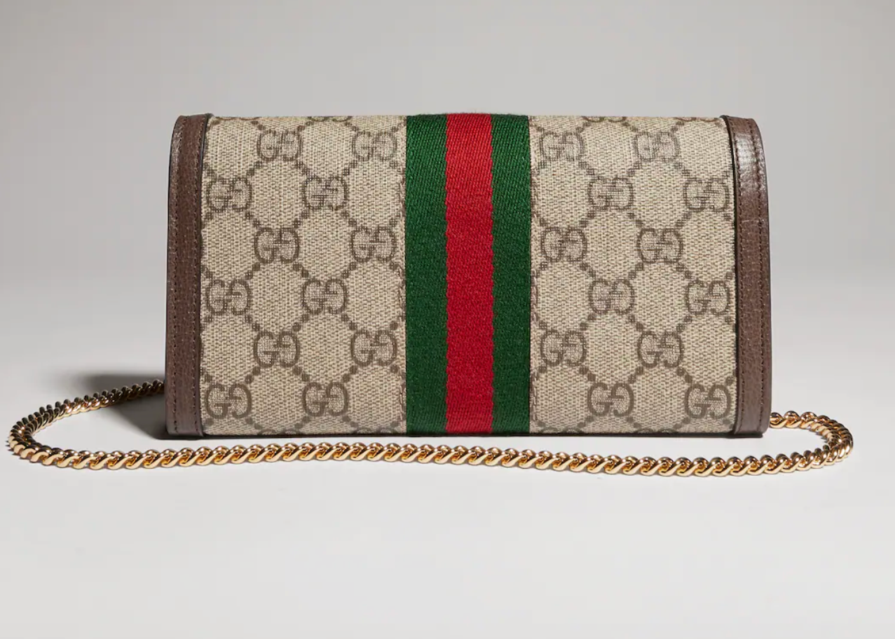 Gucci Ophidia Chain Long Wallet Beige en toile GG Supreme beige et marron foncé avec Double G doré et chaîne amovible.