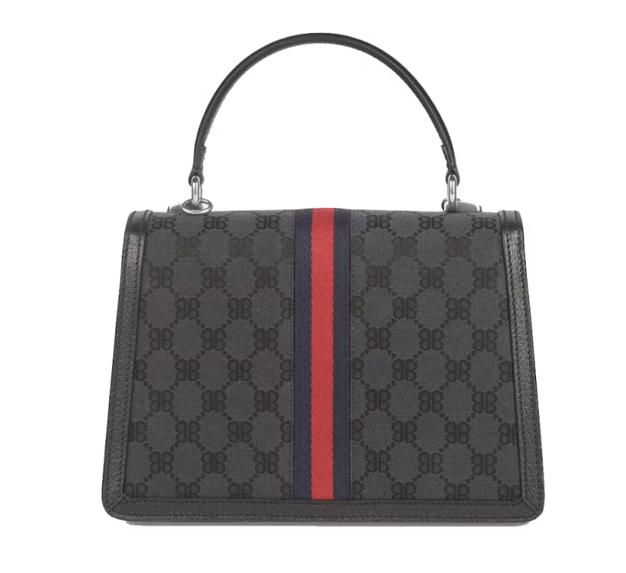 Gucci x Balenciaga The Hacker Project Small Handbag Black en canvas et cuir noir, silhouette structurée et finitions métalliques argentées.