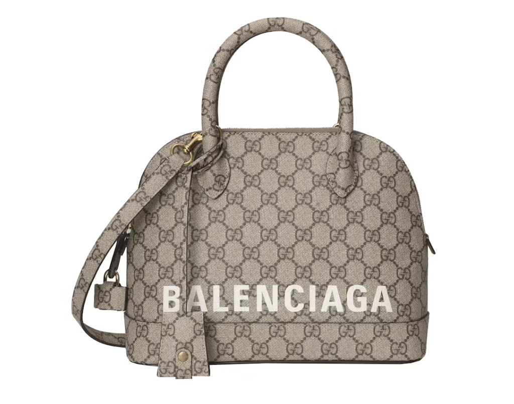 Gucci x Balenciaga The Hacker Project Small Ville Bag Beige/Ebony en toile beige et ébène, avec silhouette structurée et finitions métalliques dorées.