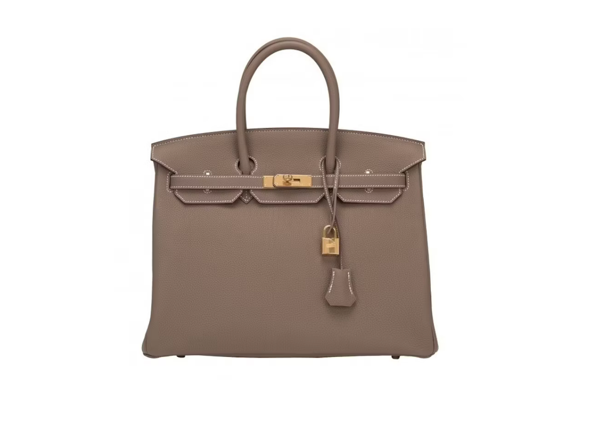 Sac Hermès Birkin 35 en cuir Togo Étoupe avec grain texturé, finitions plaquées or et silhouette structurée iconique