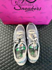 Sneakers Nike LD Waffle Sacai CLOT Kiss of Death 2 Cool Grey avec tige translucide grise, double Swoosh et semelle hybride empilée, condition 9,5 sur 10.