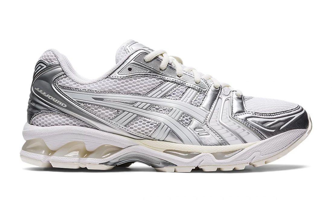 Chaussure de running JJJJound x ASICS GEL-Kayano 14 Silver White , semelle confortable , vue de profil