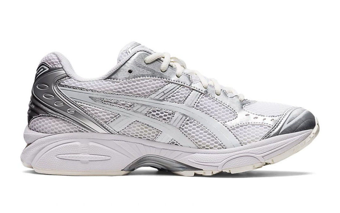Chaussure de running JJJJound x ASICS GEL-Kayano 14 Silver White , semelle confortable , vue de profil