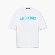TEE SHIRT JACQUEMUS BLANC A LOGO IMPRIME BLEU SUR LE TORSE