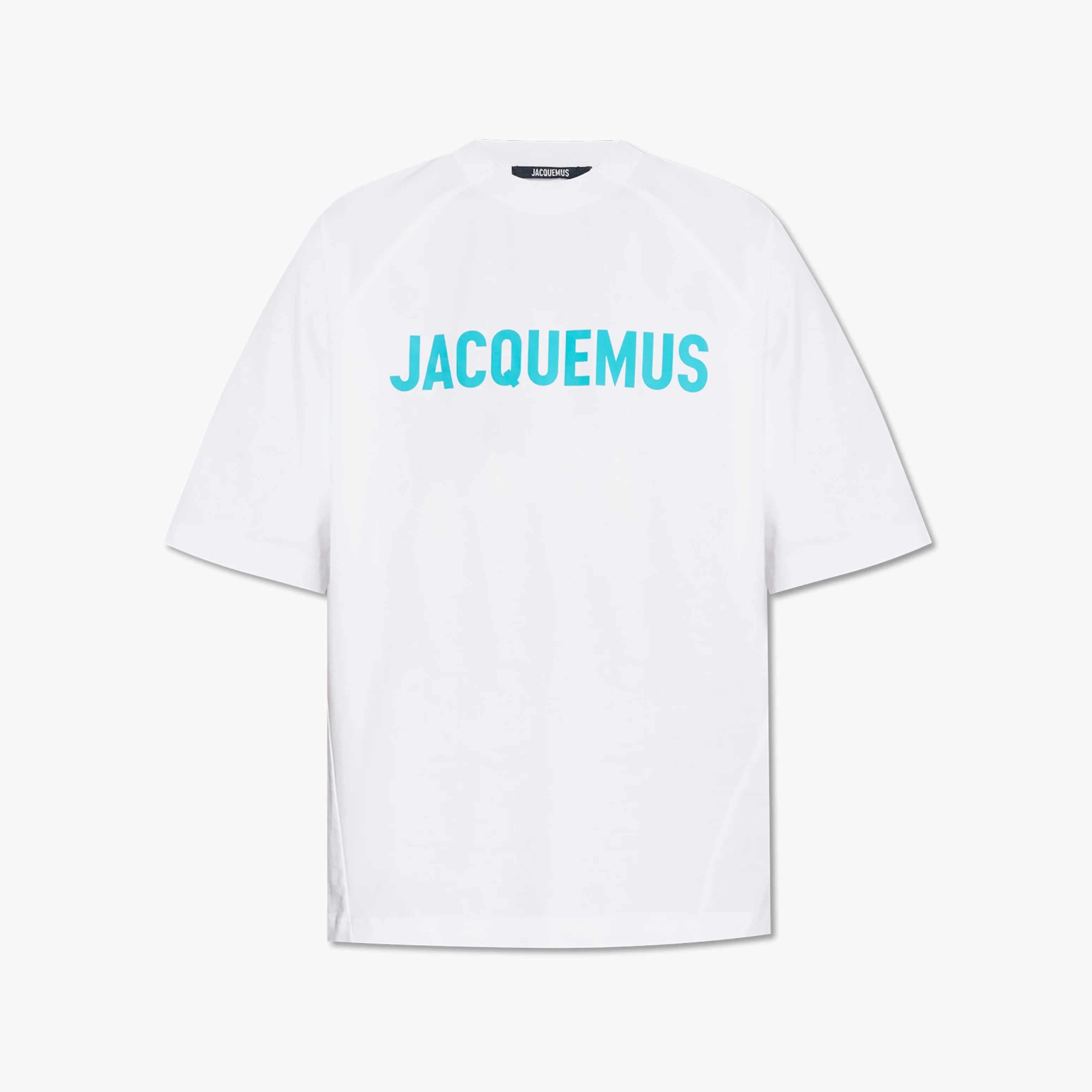 TEE SHIRT JACQUEMUS BLANC A LOGO IMPRIME BLEU SUR LE TORSE