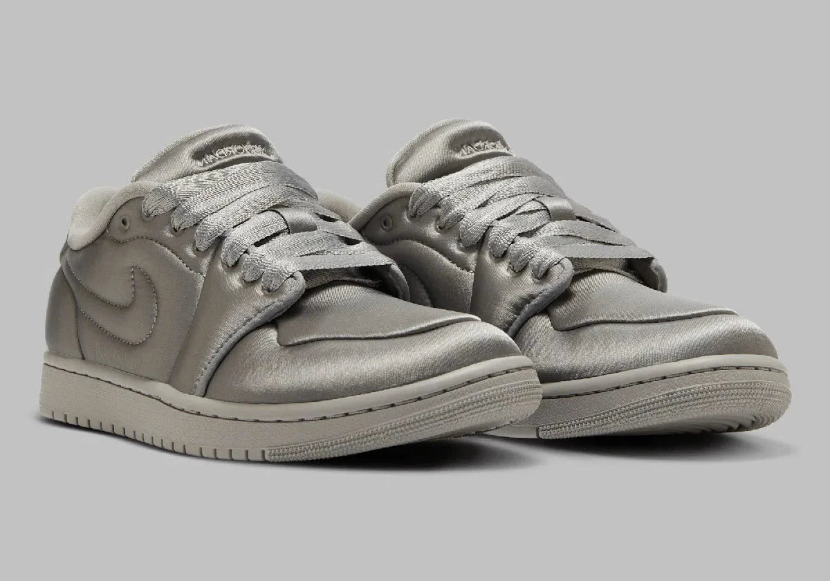Jordan 1 Low Method of Make Satin Medium Grey gris brillant volume ronde blanche 