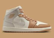 Chaussure de ville Jordan 1 Mid Tan Toe , marron , gris , crème , semelle confortable, vu de profil