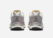 Salomon XT-6 Vanilla Ice Silver Lilac Ash avec tige en mesh technique respirant, empiècements synthétiques crème, argentés et lilas, système Quicklace™ et semelle Contagrip® vue de derrière. 