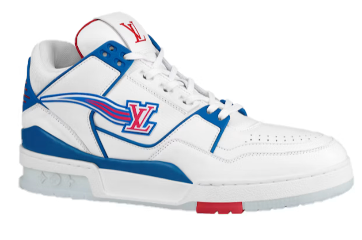 Louis Vuitton LV Trainer Red White Blue FW20 avec tige en cuir premium, empiècements rouges, blancs et bleus, détails signature Louis Vuitton et semelle extérieure en caoutchouc.