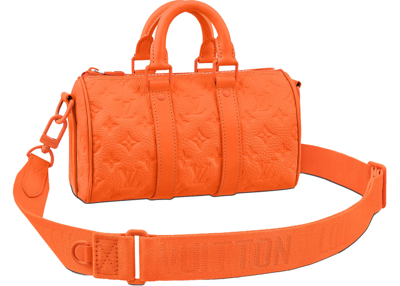 Louis Vuitton Keepall Bandoulière 25 Monogram Embossed Orange en cuir de veau grainé embossé Monogram orange avec poignées roulées, bandoulière amovible, fermeture zippée et finitions métalliques.