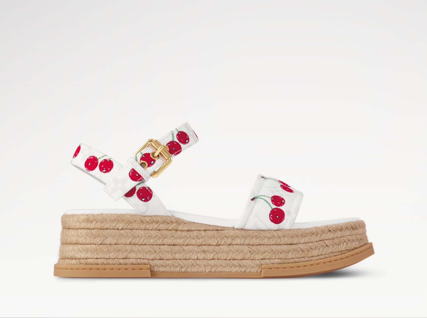 Louis Vuitton Cherry Maya Platform Sandal x Takashi Murakami White en cuir de veau blanc avec motif Cherry, semelle plateforme, brides structurées et finitions métalliques Louis Vuitton.
