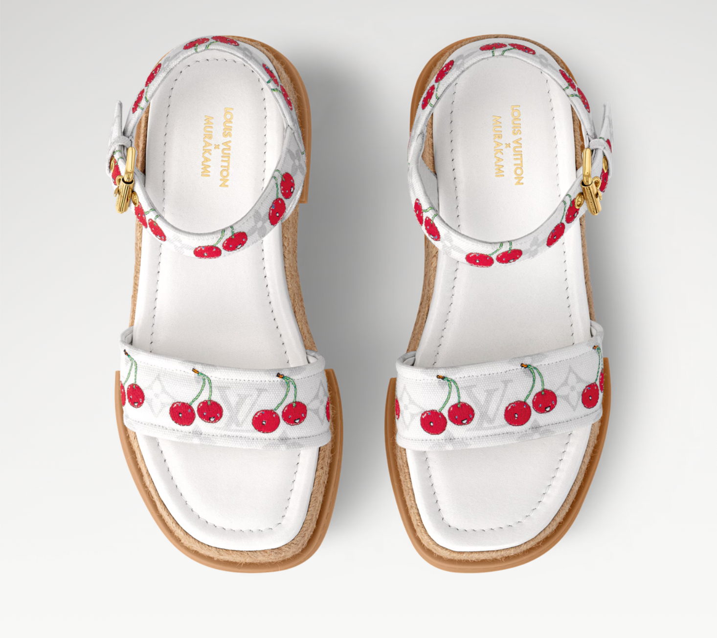 Louis Vuitton Cherry Maya Platform Sandal x Takashi Murakami White en cuir de veau blanc avec motif Cherry, semelle plateforme, brides structurées et finitions métalliques Louis Vuitton.