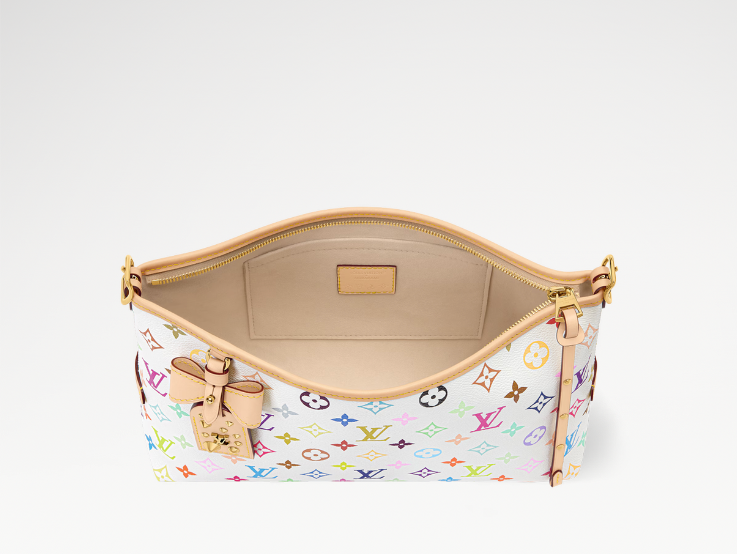 Louis Vuitton x Takashi Murakami CarryAll East West Multicolor White en toile Monogram Multicolore sur fond blanc avec longues poignées en cuir, pochette intérieure amovible et finitions métalliques dorées.