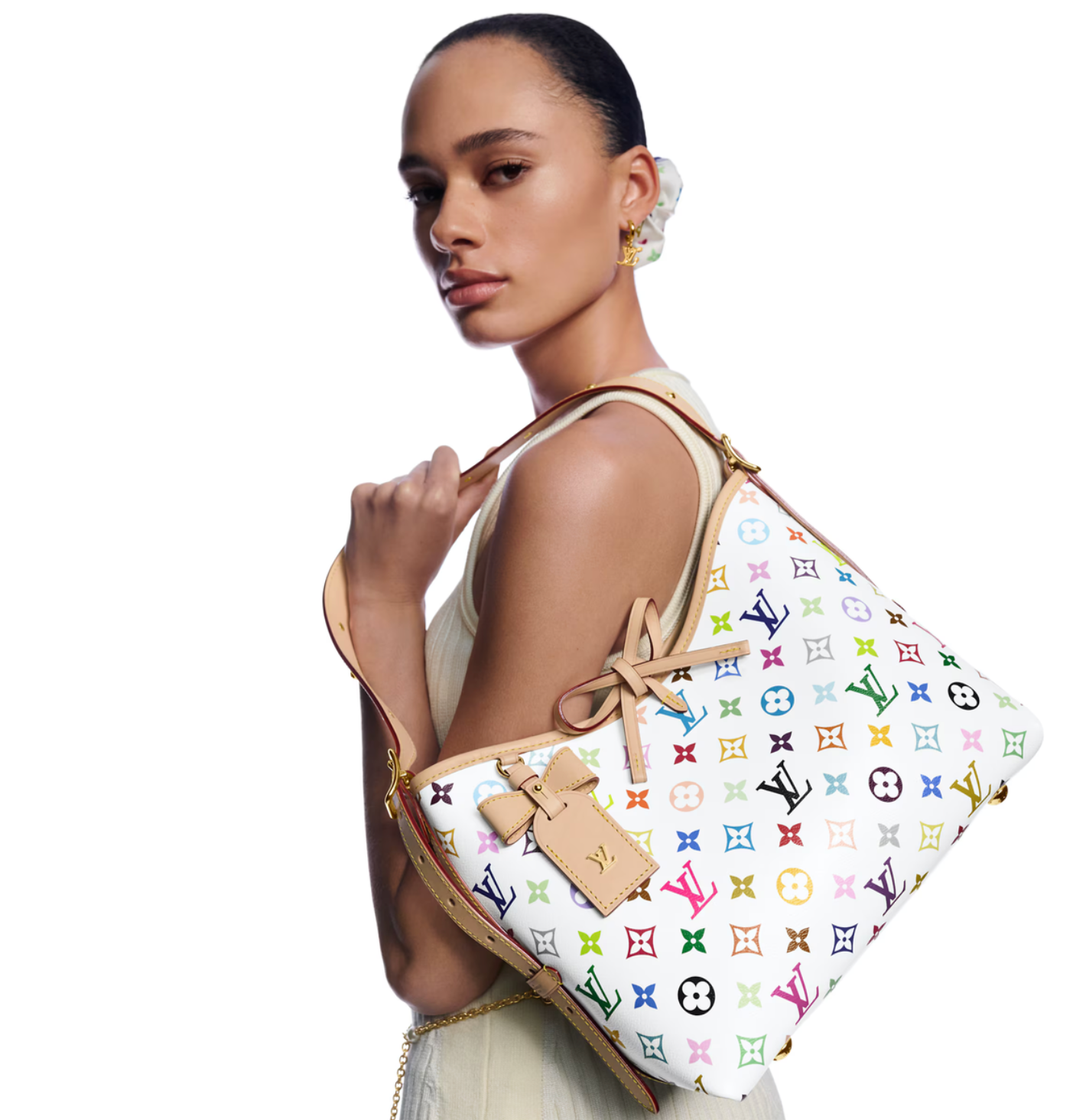 Louis Vuitton x Takashi Murakami CarryAll PM White Multicolored en toile Monogram Multicolore sur fond blanc avec poignées en cuir naturel, pochette intérieure amovible et finitions métalliques dorées.