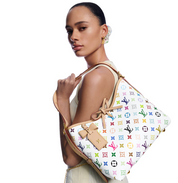 Louis Vuitton x Takashi Murakami CarryAll PM White Multicolored en toile Monogram Multicolore sur fond blanc avec poignées en cuir naturel, pochette intérieure amovible et finitions métalliques dorées.