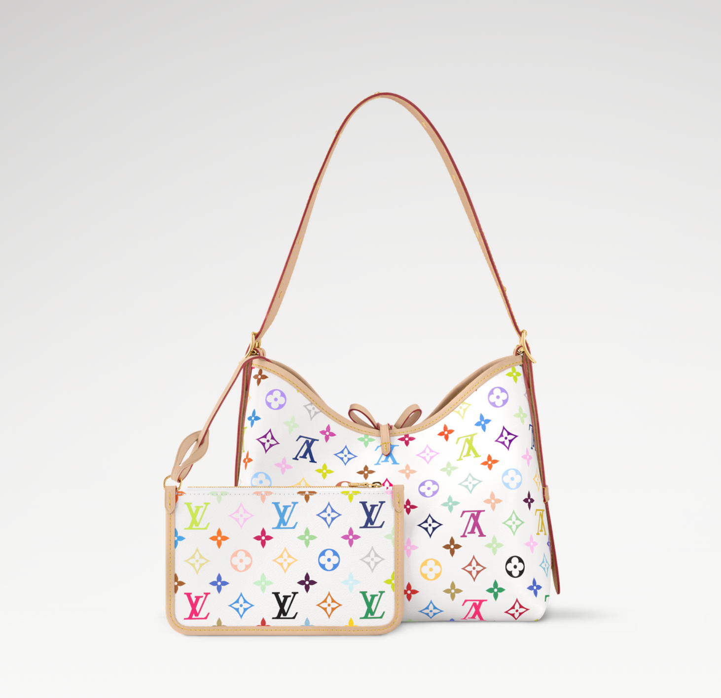Louis Vuitton x Takashi Murakami CarryAll PM White Multicolored en toile Monogram Multicolore sur fond blanc avec poignées en cuir naturel, pochette intérieure amovible et finitions métalliques dorées.