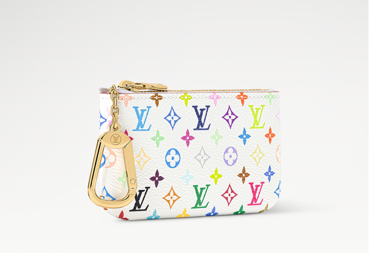 Louis Vuitton x Takashi Murakami Key Pouch Multicolor White en toile Monogram Multicolore blanche avec garnitures en cuir naturel, fermeture zippée, mousqueton et finitions métalliques dorées.