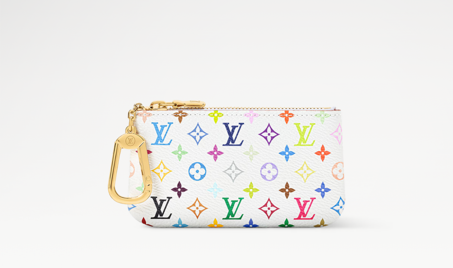 Louis Vuitton x Takashi Murakami Key Pouch Multicolor White en toile Monogram Multicolore blanche avec garnitures en cuir naturel, fermeture zippée, mousqueton et finitions métalliques dorées.