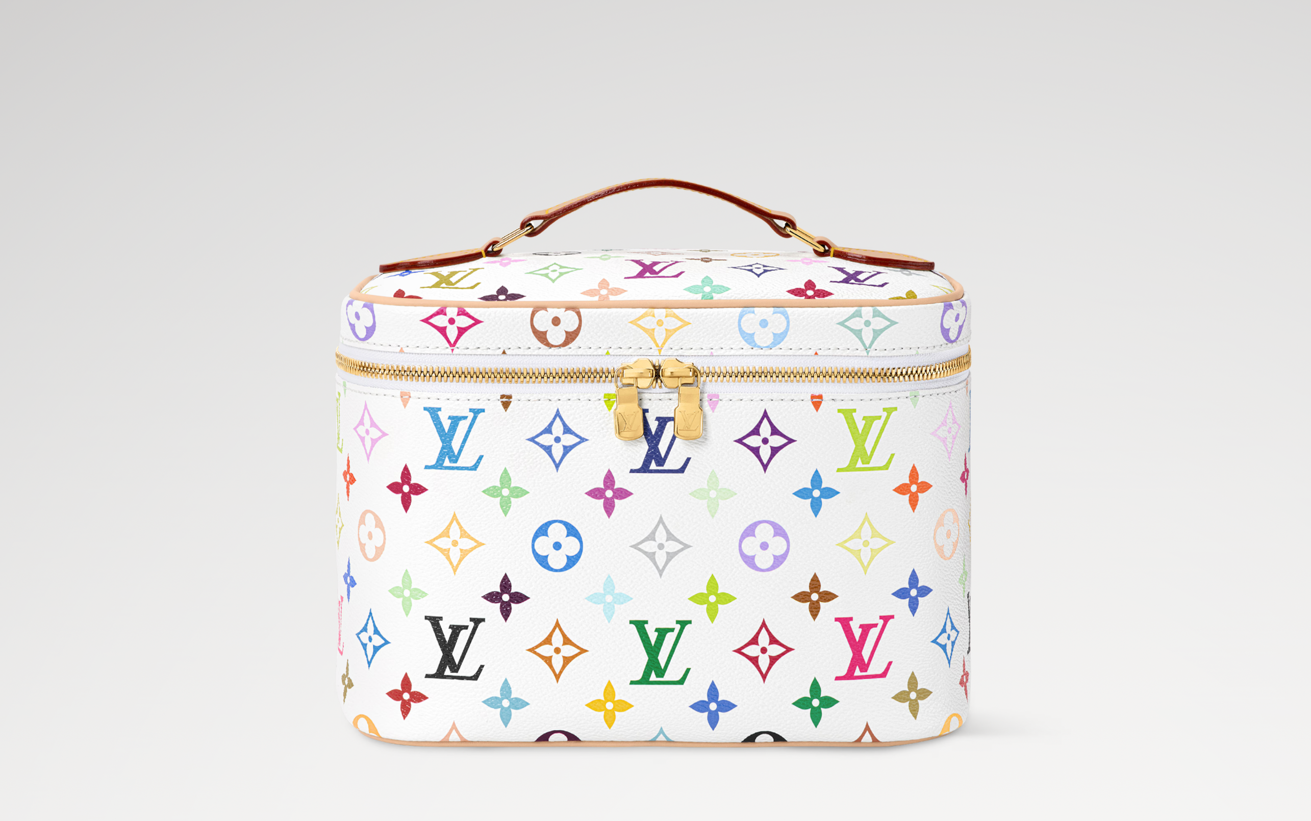 Louis Vuitton x Takashi Murakami Nice BB Multicolored en toile Monogram Multicolore avec garnitures en cuir naturel, poignée supérieure, fermeture zippée double sens et finitions métalliques dorées.