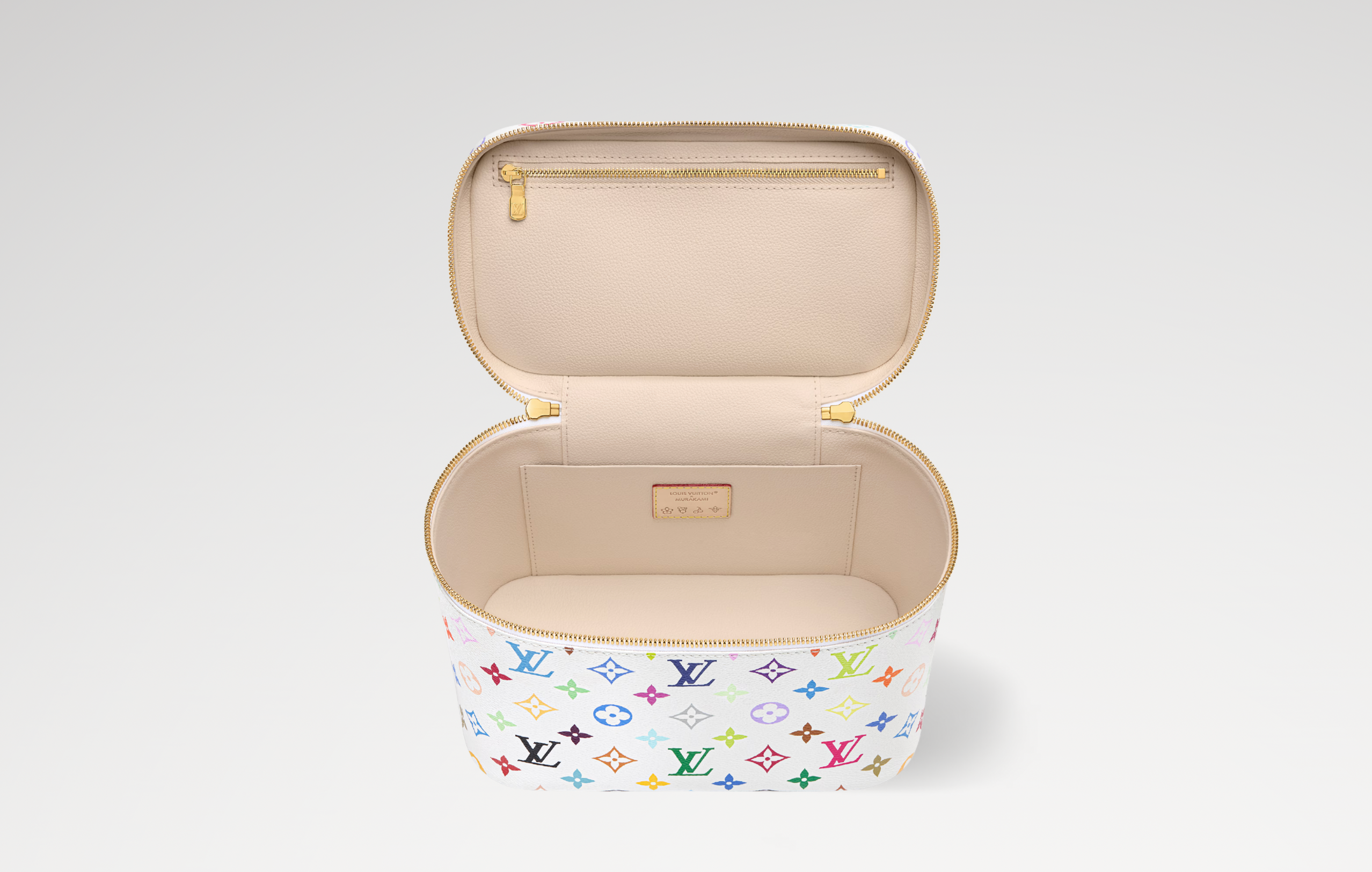 Louis Vuitton x Takashi Murakami Nice BB Multicolored en toile Monogram Multicolore avec garnitures en cuir naturel, poignée supérieure, fermeture zippée double sens et finitions métalliques dorées.