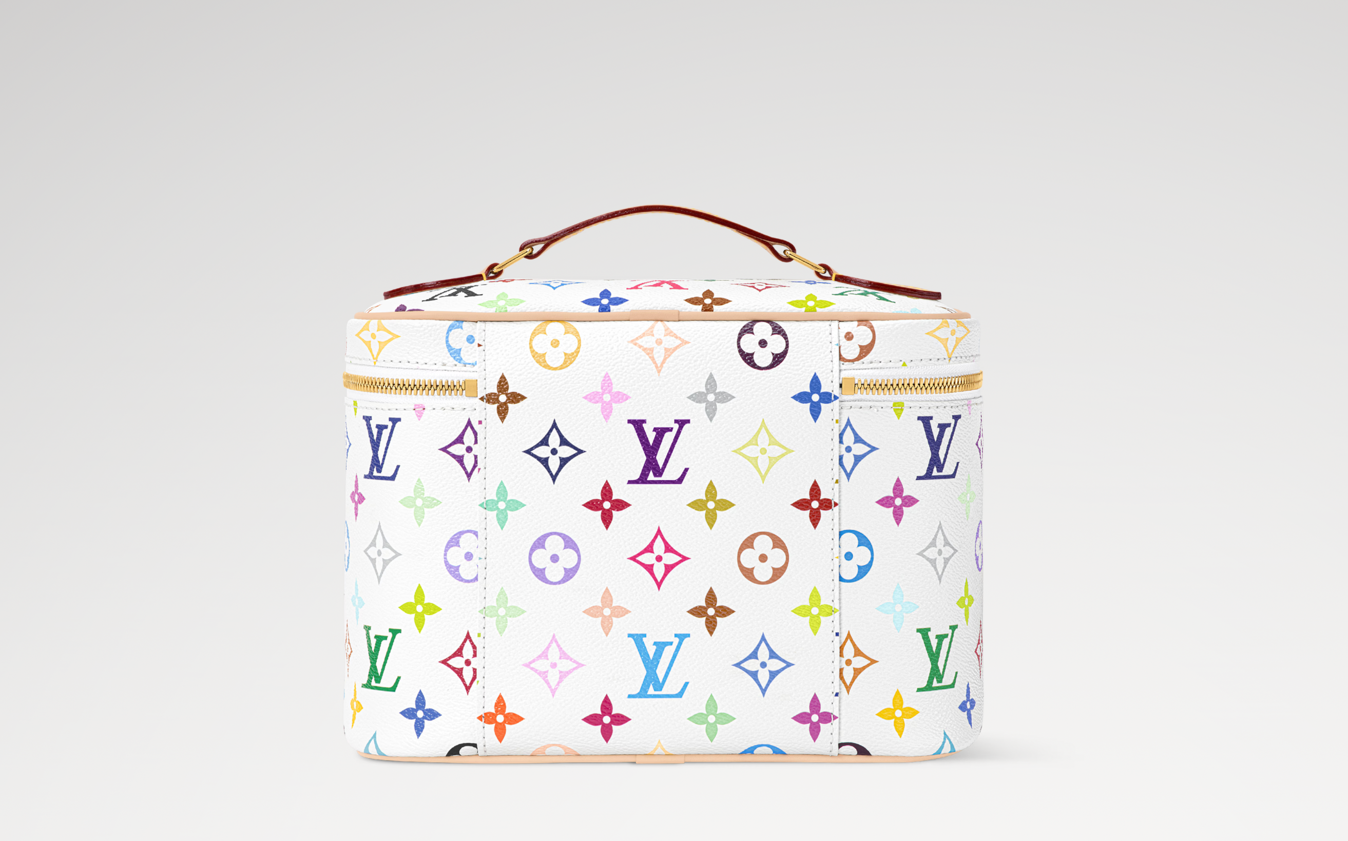 Louis Vuitton x Takashi Murakami Nice BB Multicolored en toile Monogram Multicolore avec garnitures en cuir naturel, poignée supérieure, fermeture zippée double sens et finitions métalliques dorées.
