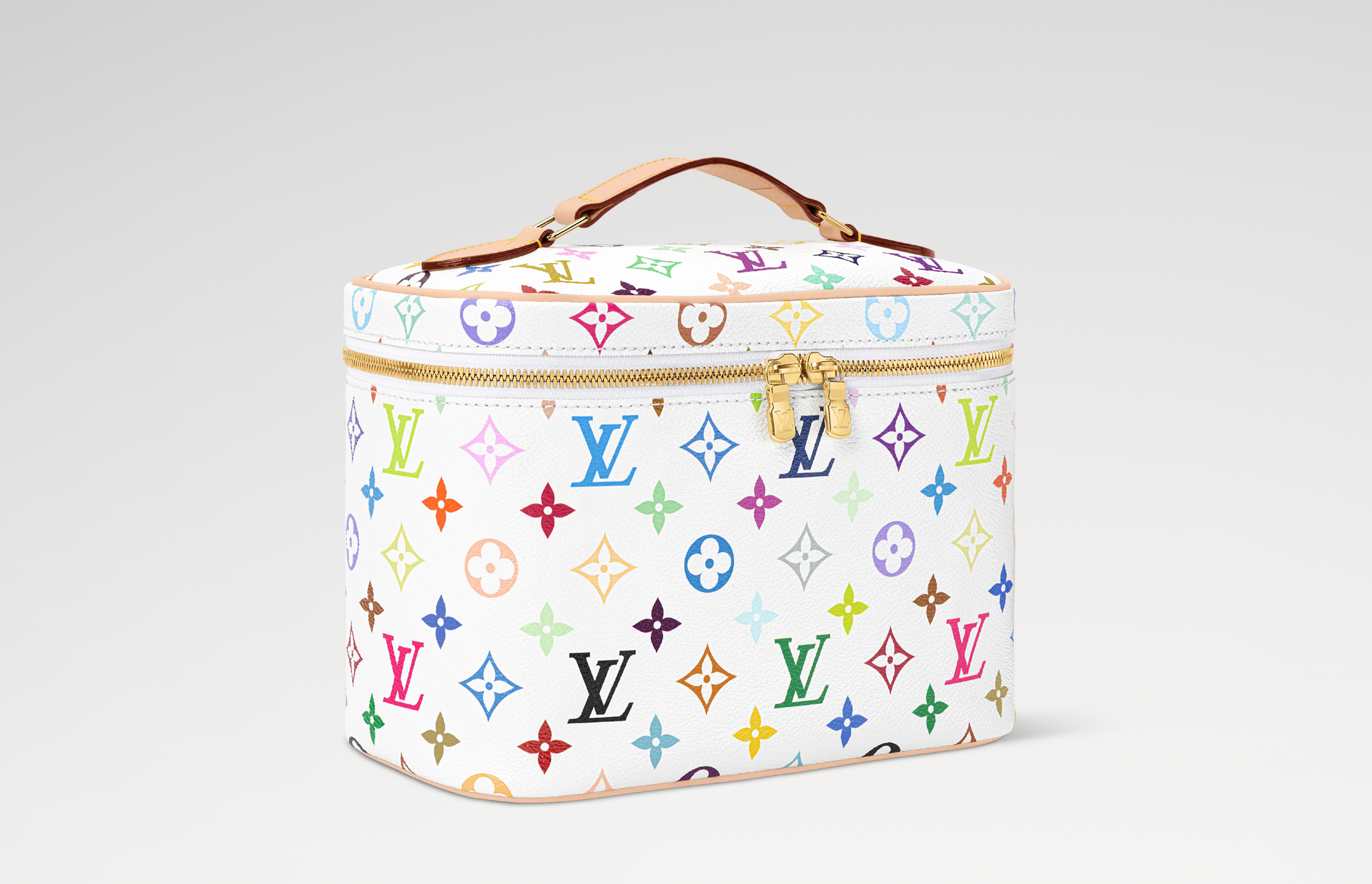 Louis Vuitton x Takashi Murakami Nice BB Multicolored en toile Monogram Multicolore avec garnitures en cuir naturel, poignée supérieure, fermeture zippée double sens et finitions métalliques dorées.