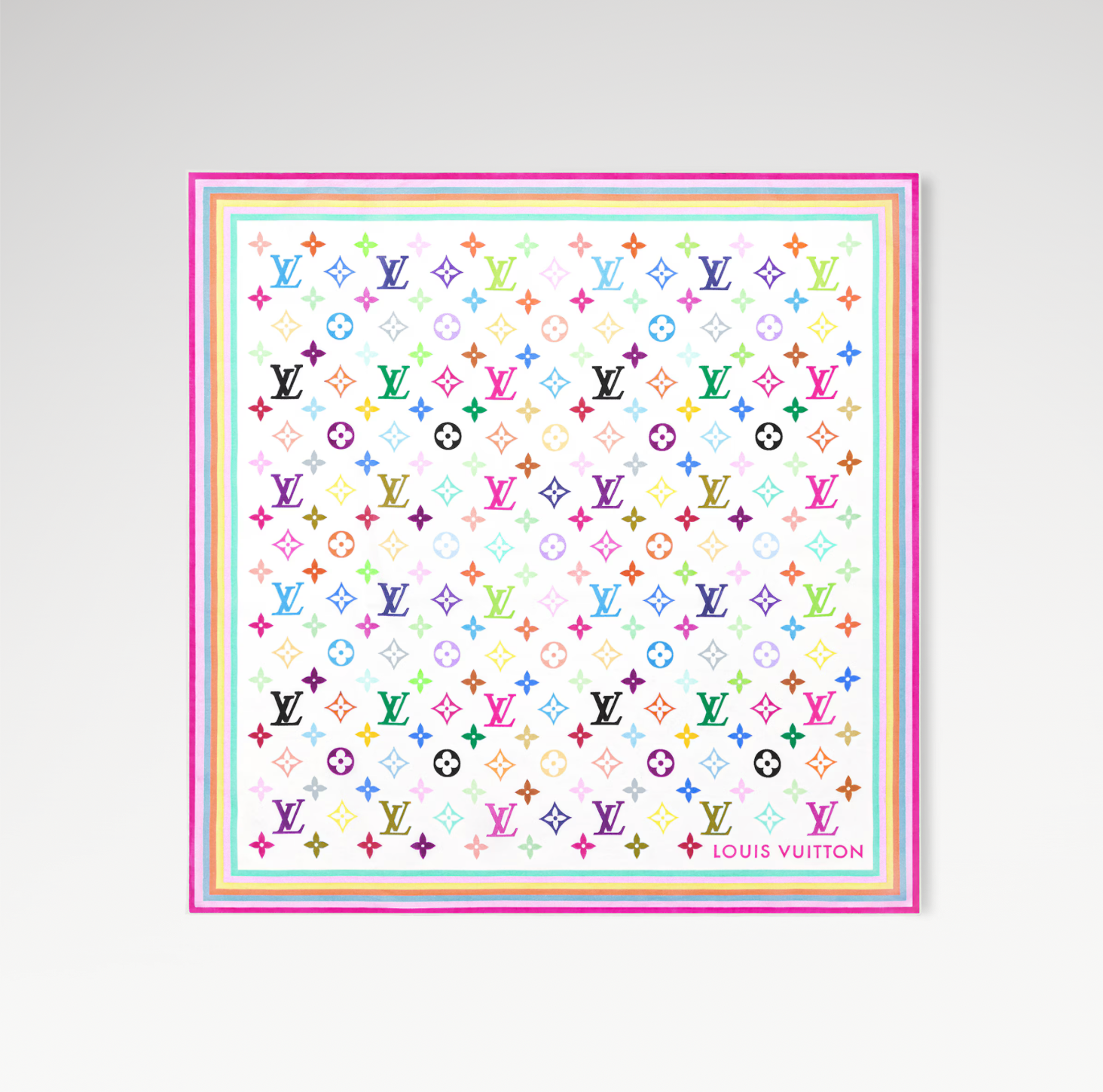 Louis Vuitton x Takashi Murakami Square 55 White Multicolored en soie avec Monogram Multicolore sur fond blanc, format carré 55 et finitions roulottées à la main.