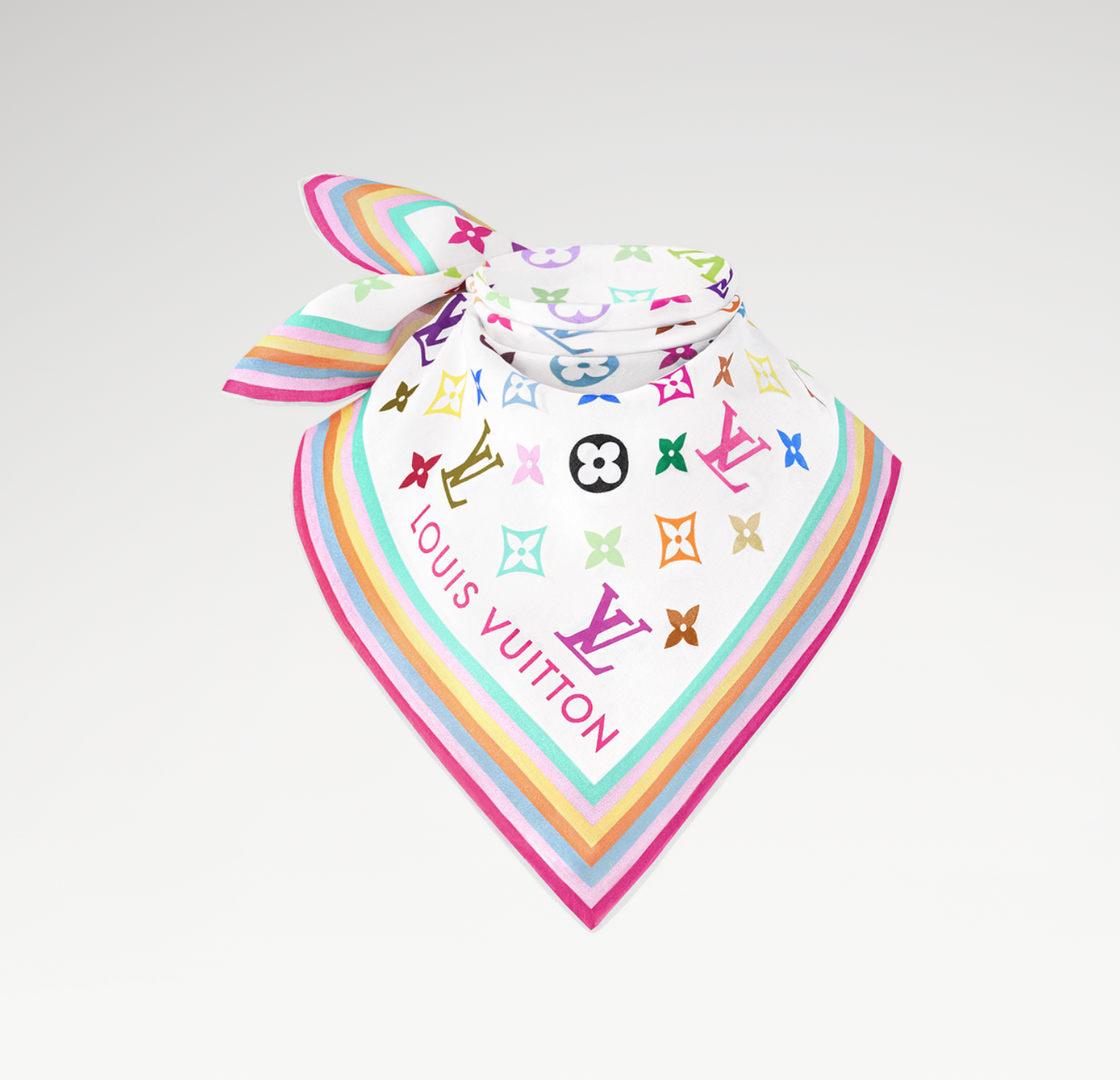 Louis Vuitton x Takashi Murakami Square 55 White Multicolored en soie avec Monogram Multicolore sur fond blanc, format carré 55 et finitions roulottées à la main.