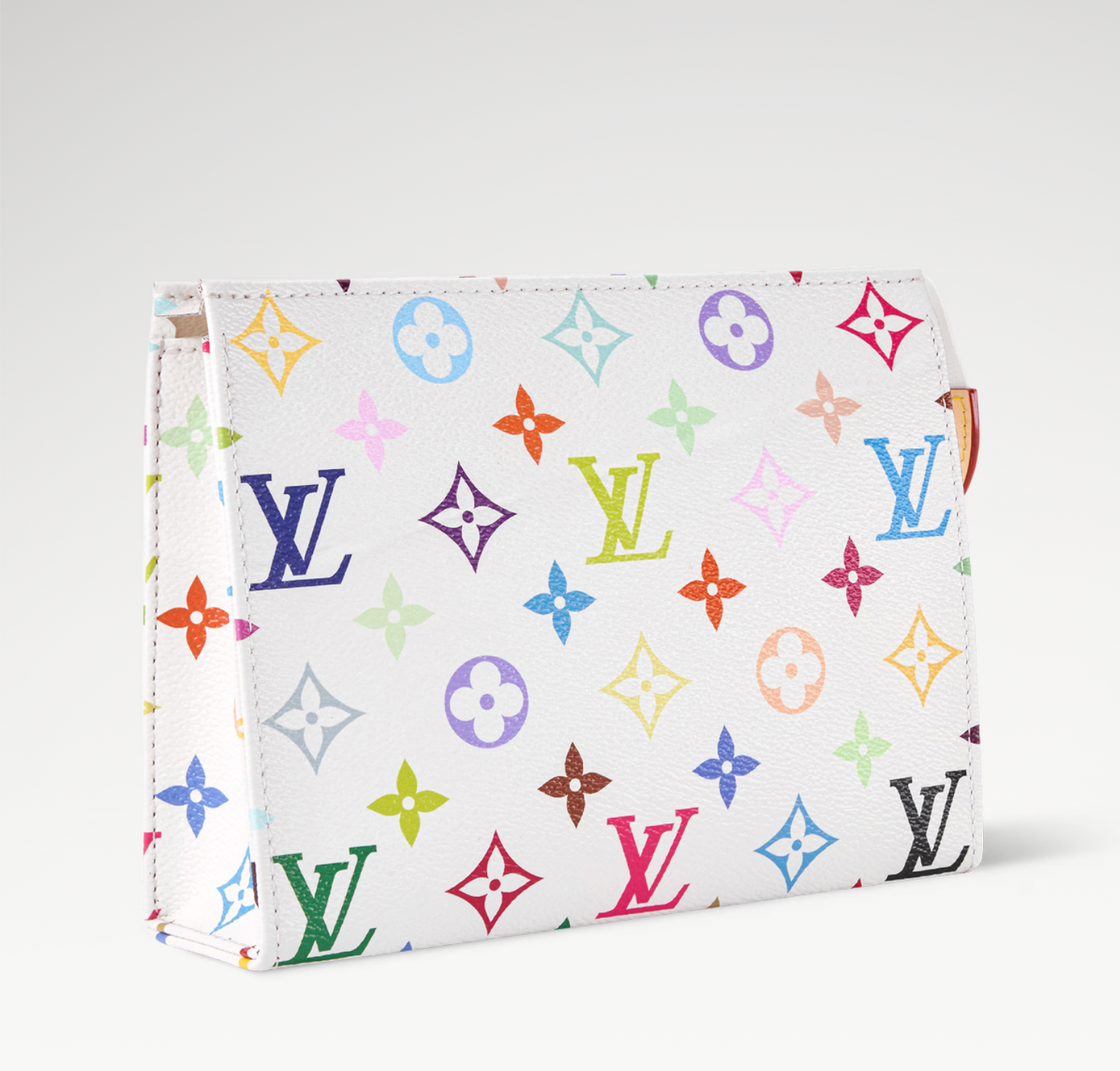 Louis Vuitton x Takashi Murakami Toiletry Pouch 19 Multicolored en toile Monogram Multicolore avec garnitures en cuir naturel, fermeture zippée, doublure lavable et finitions métalliques dorées.