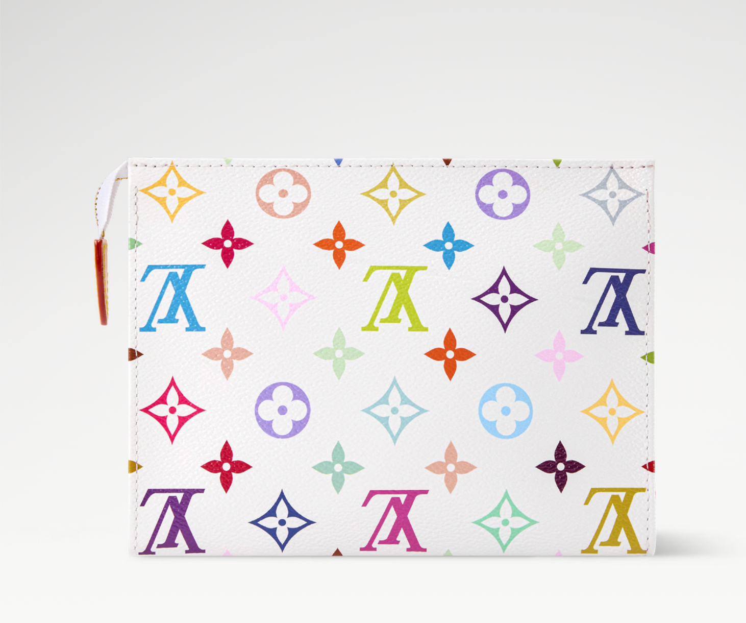 Louis Vuitton x Takashi Murakami Toiletry Pouch 19 Multicolored en toile Monogram Multicolore avec garnitures en cuir naturel, fermeture zippée, doublure lavable et finitions métalliques dorées.