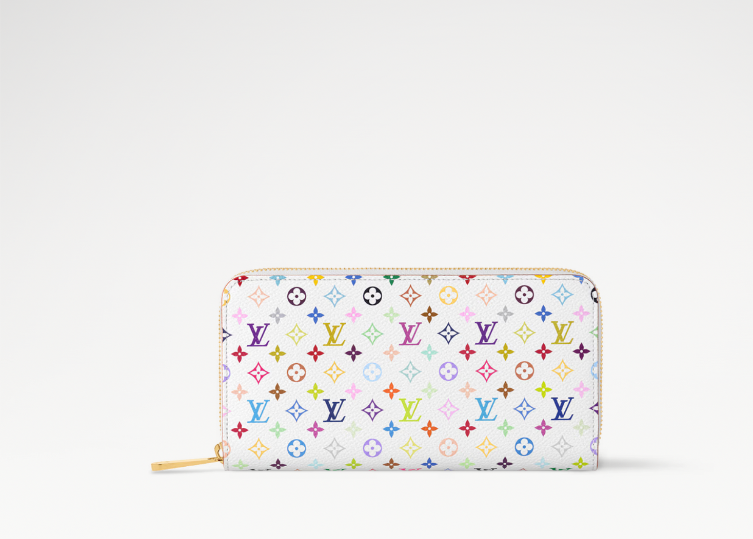 Louis Vuitton x Takashi Murakami Zippy Wallet White Multicolored en toile Monogram Multicolore sur fond blanc avec garnitures en cuir naturel, fermeture zippée intégrale et finitions métalliques dorées.