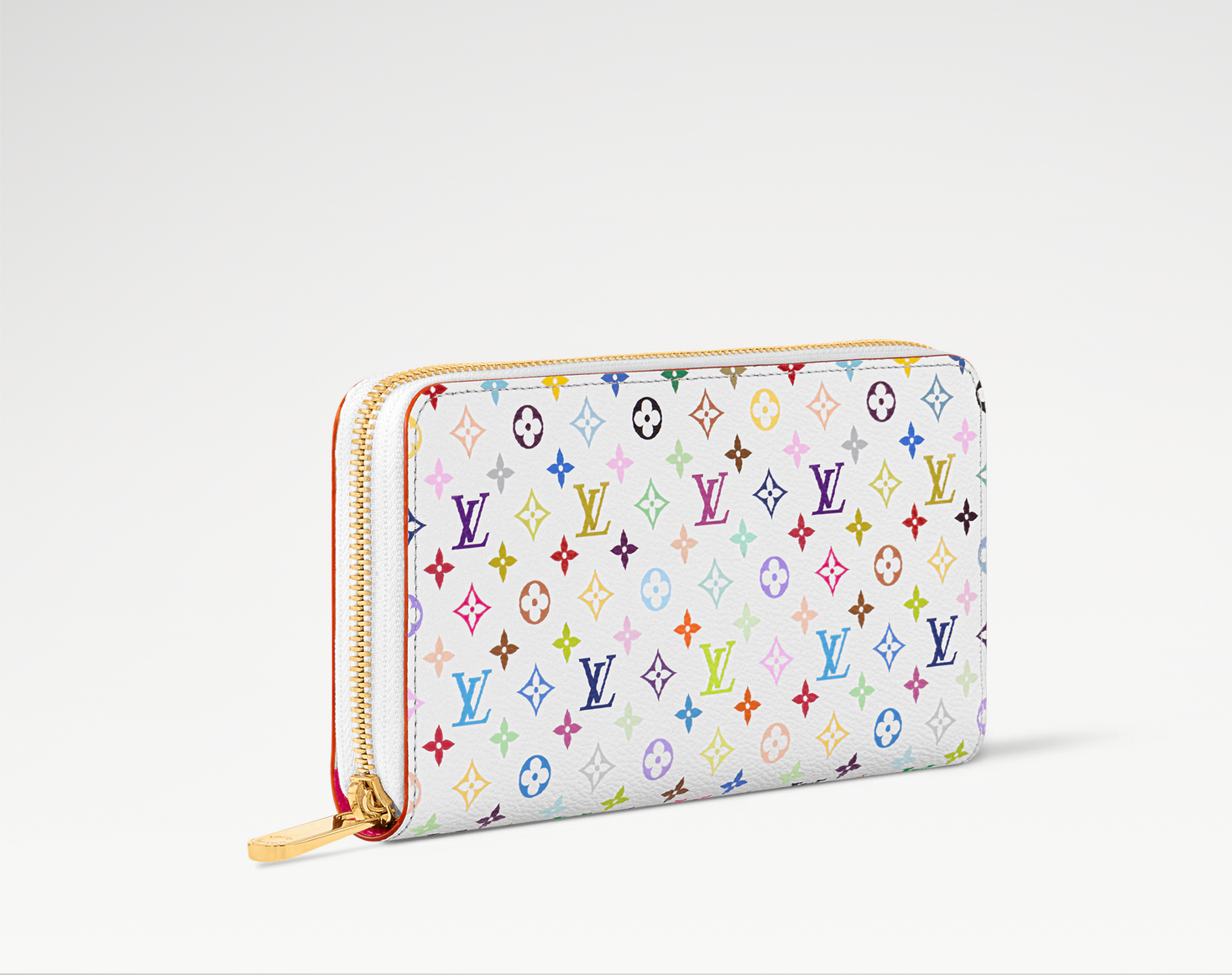 Louis Vuitton x Takashi Murakami Zippy Wallet White Multicolored en toile Monogram Multicolore sur fond blanc avec garnitures en cuir naturel, fermeture zippée intégrale et finitions métalliques dorées.