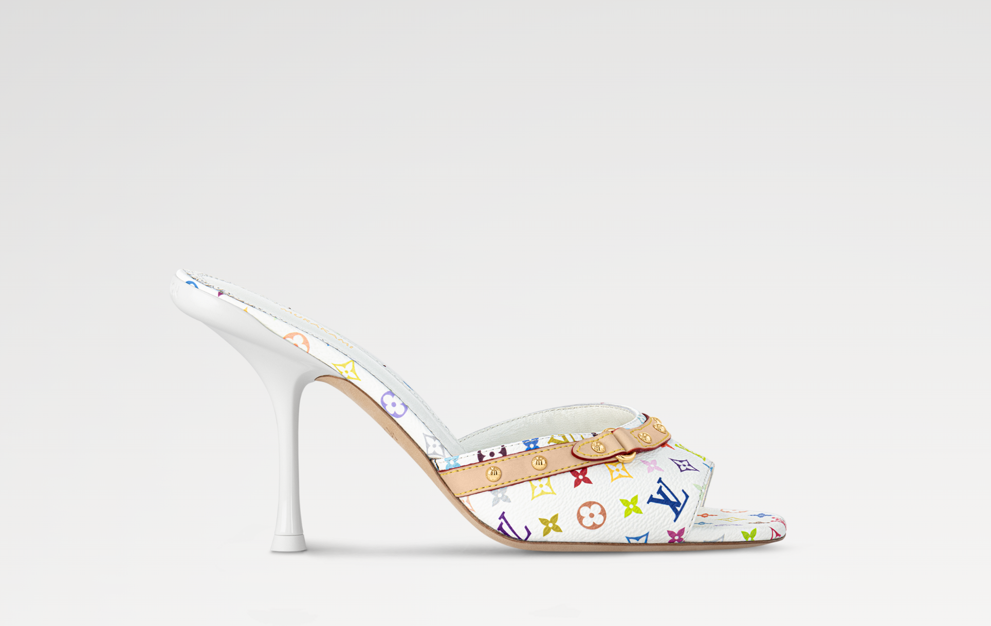 Louis Vuitton 6AM Mule Stiletto Takashi Murakami White, mule de luxe blanche à talon stiletto issue de la collaboration Louis Vuitton x Takashi Murakami avec finitions premium.