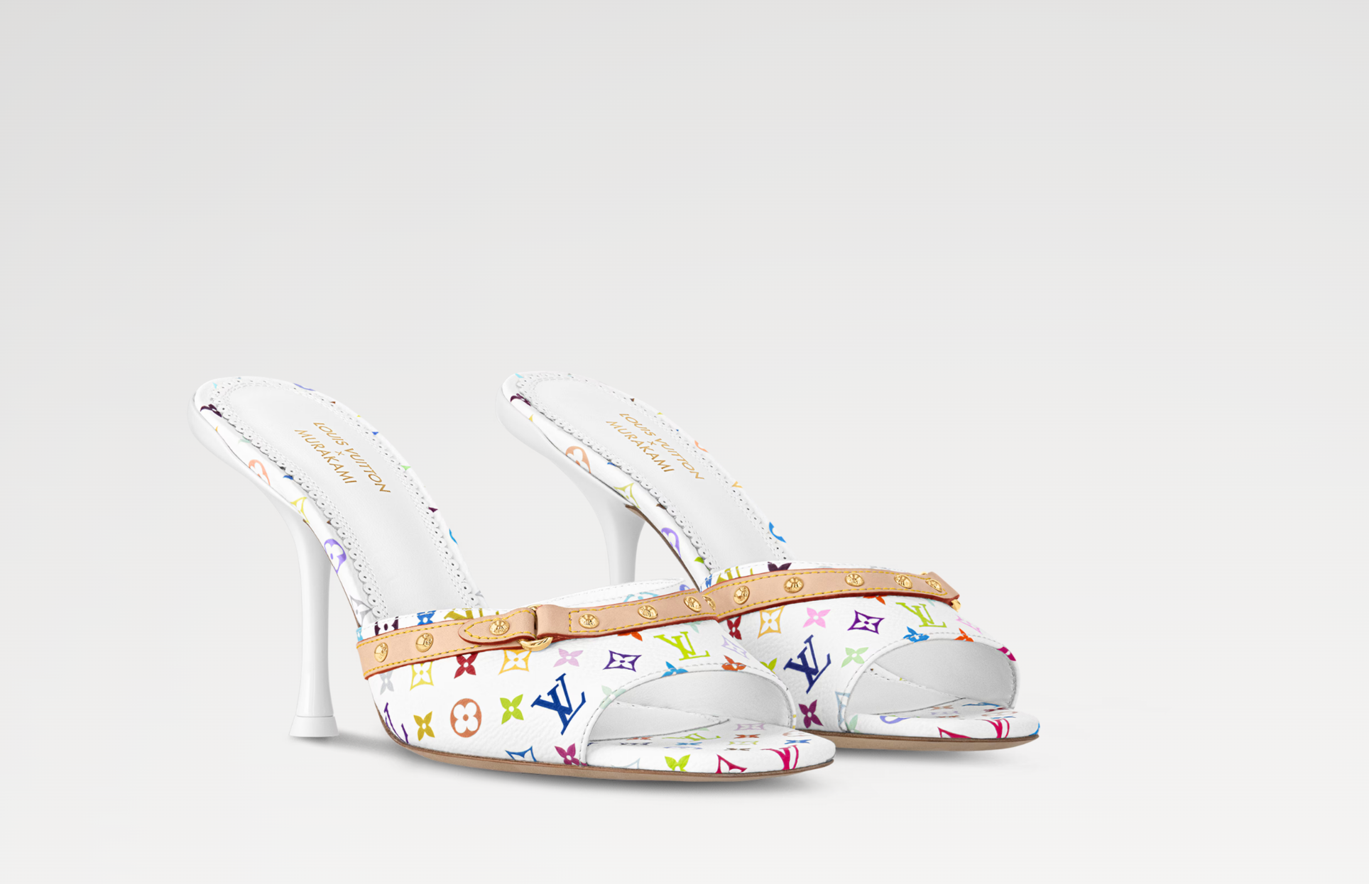 Louis Vuitton 6AM Mule Stiletto Takashi Murakami White, mule de luxe blanche à talon stiletto issue de la collaboration Louis Vuitton x Takashi Murakami avec finitions premium.