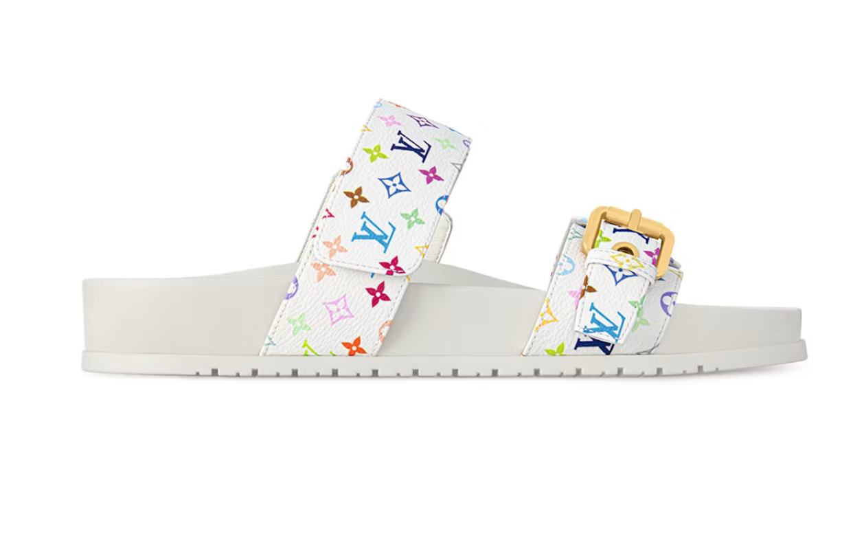 Louis Vuitton Bom Dia Flat Comfort Mule blanc fleurs logo or icône