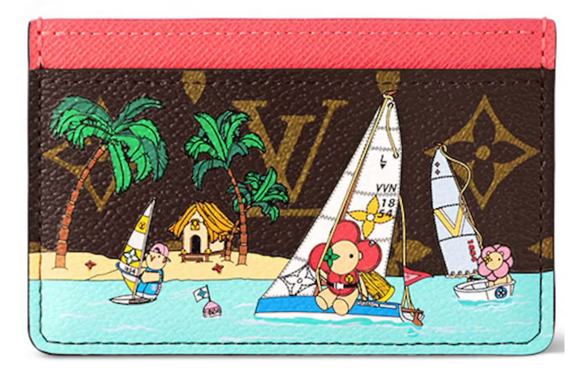 Louis Vuitton Card Holder Plage voile eau bateau fleurs marron rose bleu jaune sable