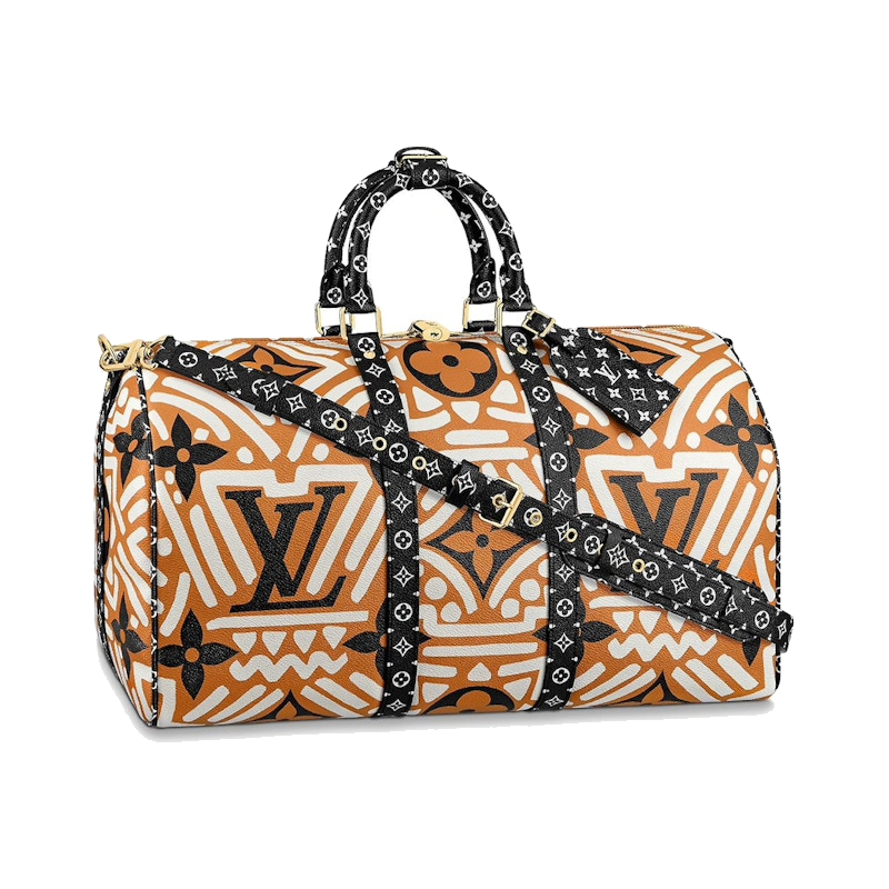 Cream, sac de voyage Louis Vuitton caramel et crème au format 45 avec motif LV Crafty, poignées Toron et bandoulière.