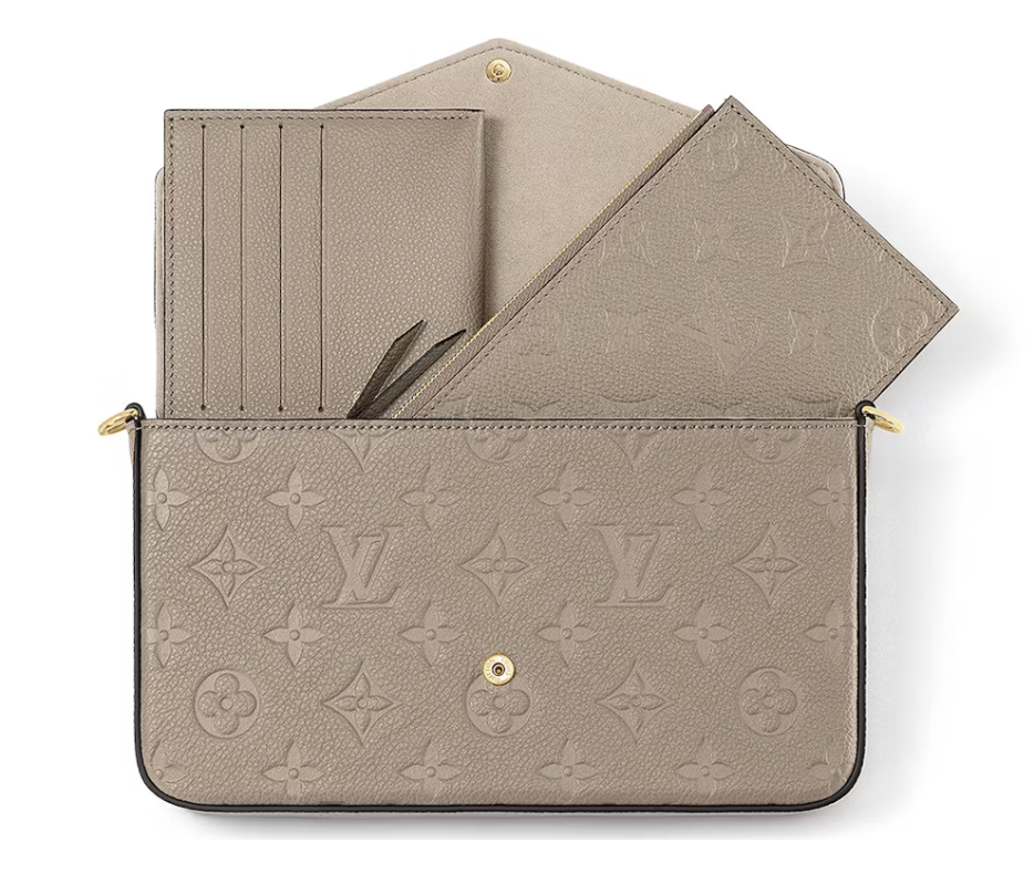 Louis Vuitton Felicie Pochette Turtledove intérieur logo icône beige marron gris or chaine 