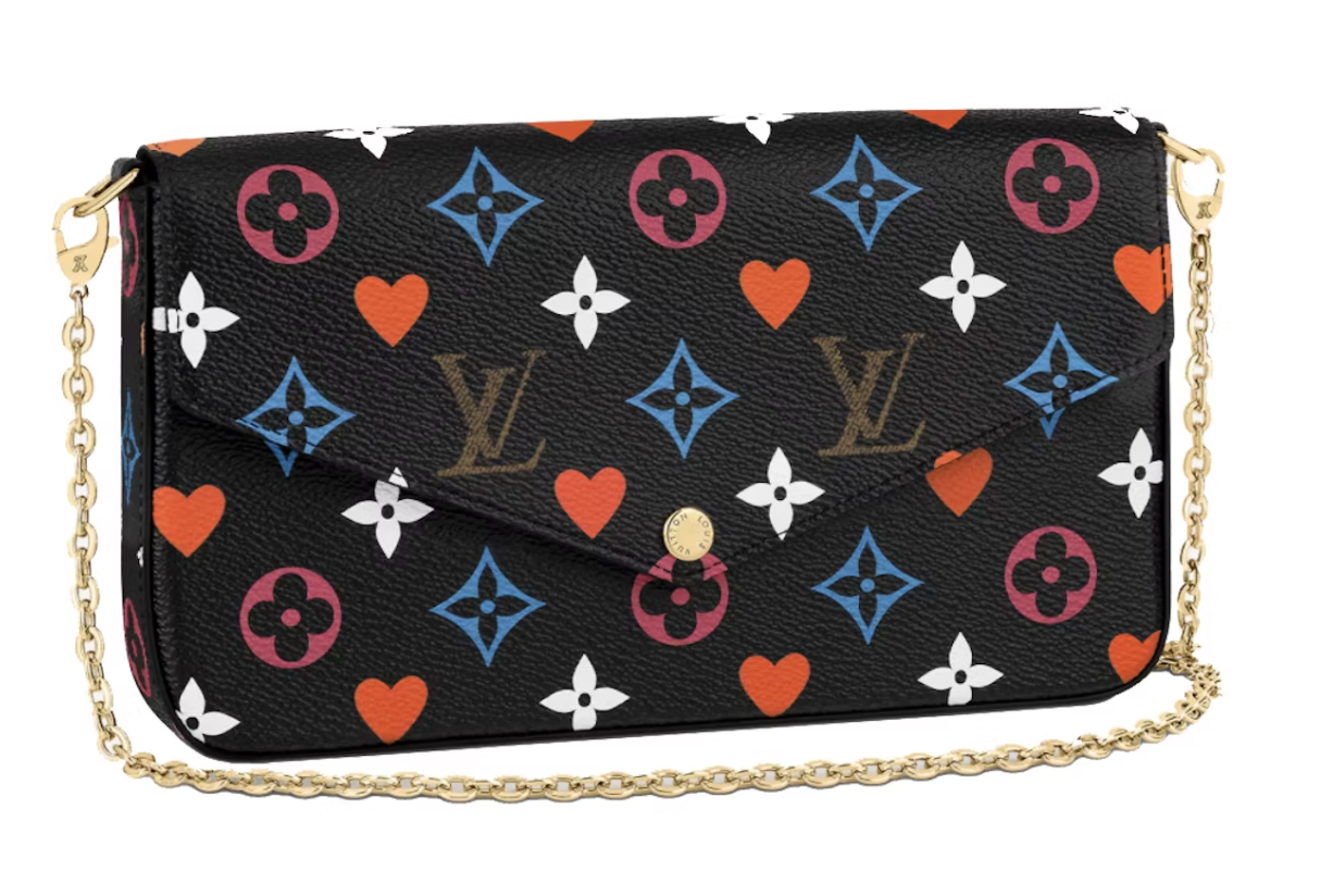 Louis Vuitton Jeu Félicie Pochette On Noir , pictogramme LV ,coeur , chaîne dorée , vue de face