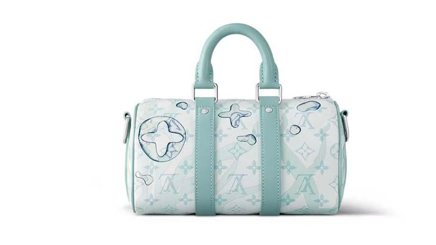 Louis Vuitton Keepall Bandoulière 25 Crystal Blue en cuir de veau grainé embossé Monogram bleu Crystal Blue avec poignées roulées, bandoulière amovible, fermeture zippée et finitions métalliques.