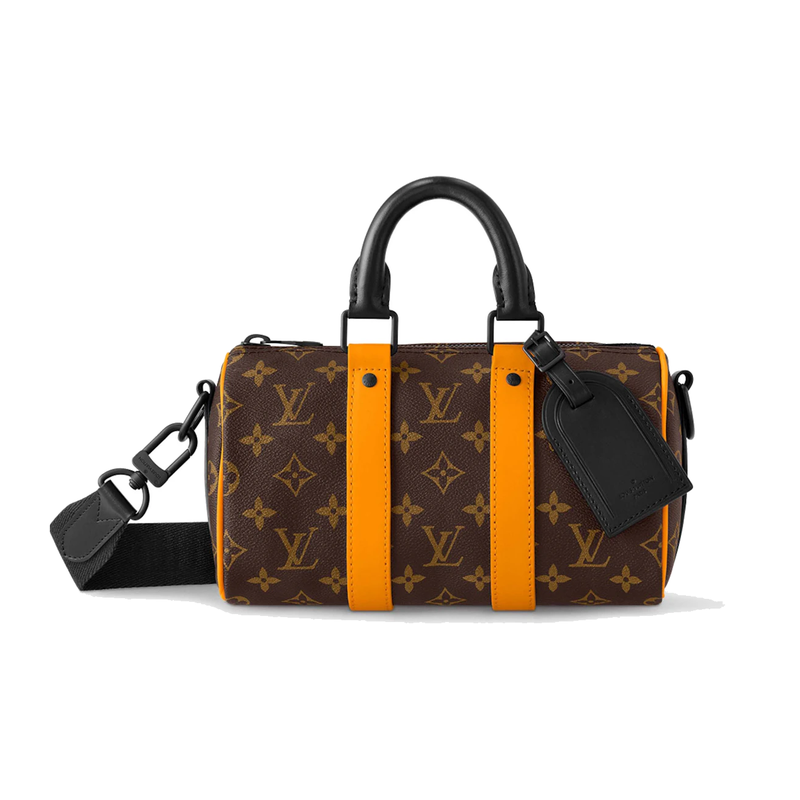 Louis Vuitton Keepall Bandoulière 25 Radiant Sun en cuir de veau embossé Monogram jaune Radiant Sun avec poignées roulées, bandoulière amovible, fermeture zippée et finitions métalliques.