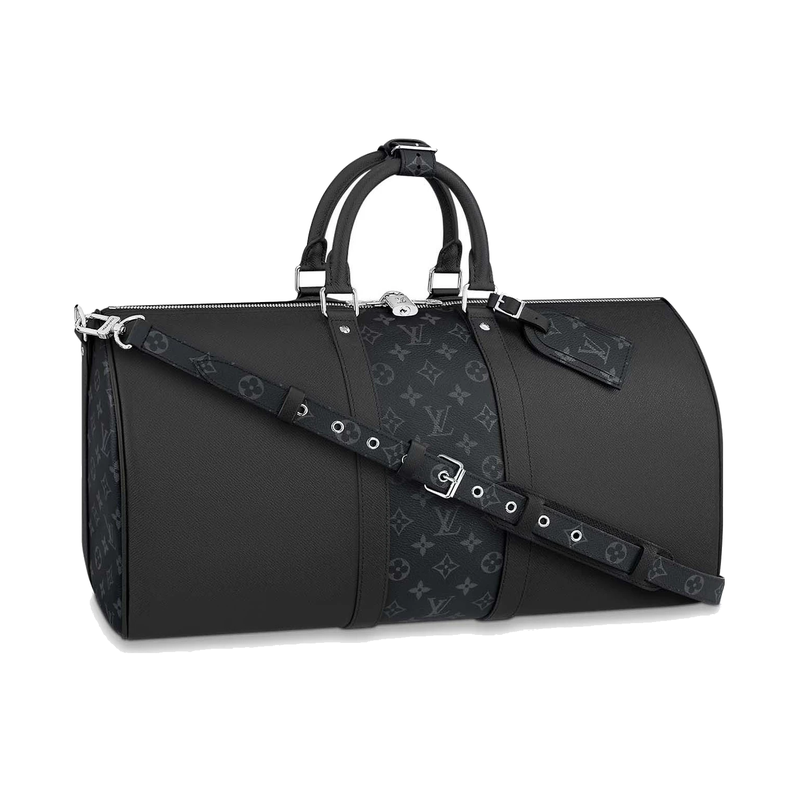 Louis Vuitton Keepall Bandoulière 50 Black en cuir de veau embossé Monogram noir avec poignées roulées, bandoulière amovible, fermeture zippée à double curseur et finitions métalliques.