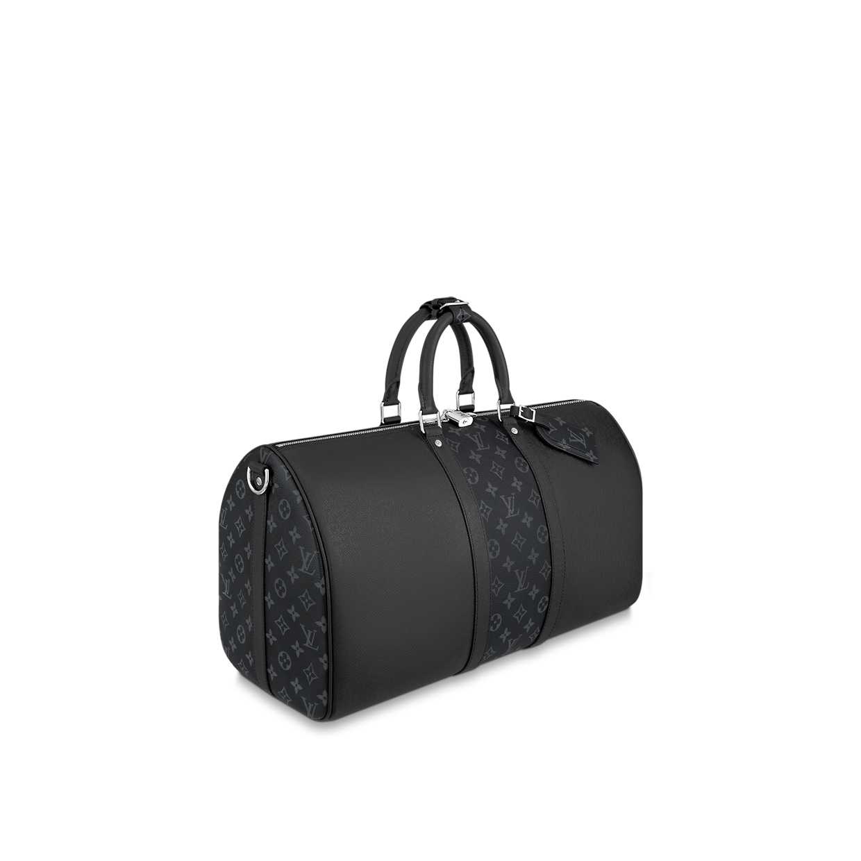 Louis Vuitton Keepall Bandoulière 50 Black en cuir de veau embossé Monogram noir avec poignées roulées, bandoulière amovible, fermeture zippée à double curseur et finitions métalliques.