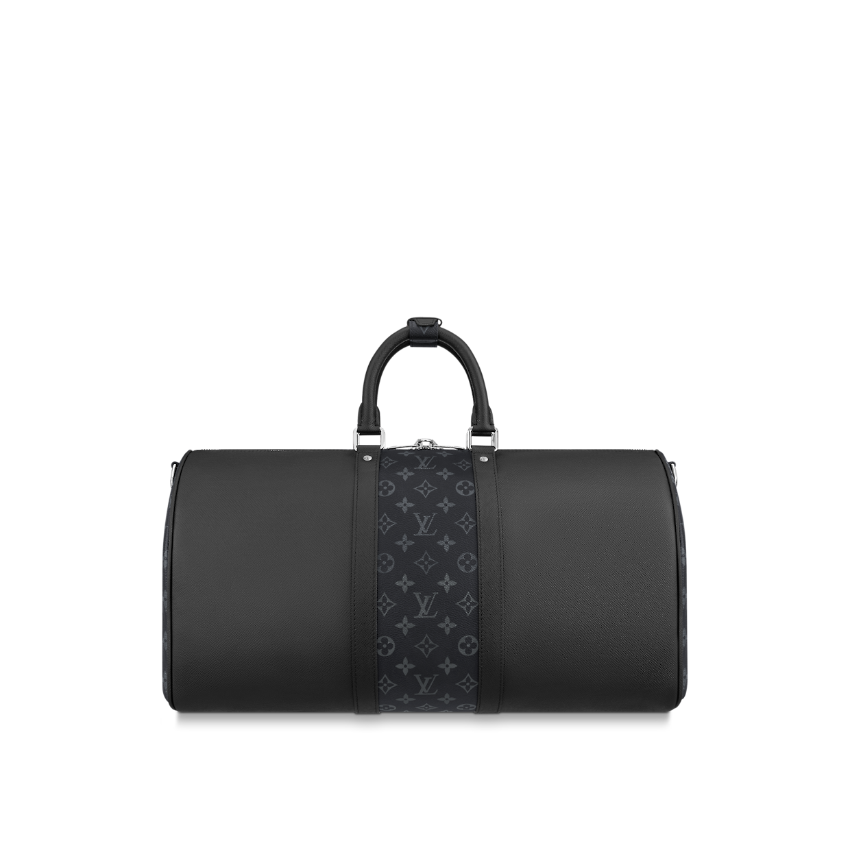 Louis Vuitton Keepall Bandoulière 50 Black en cuir de veau embossé Monogram noir avec poignées roulées, bandoulière amovible, fermeture zippée à double curseur et finitions métalliques.