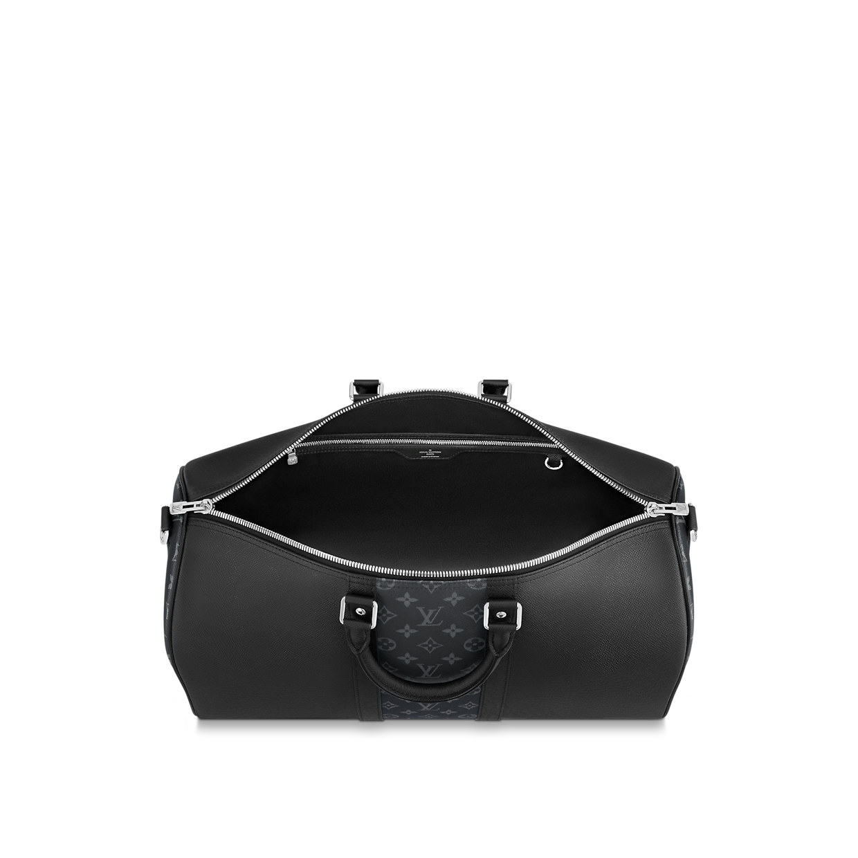 Louis Vuitton Keepall Bandoulière 50 Black en cuir de veau embossé Monogram noir avec poignées roulées, bandoulière amovible, fermeture zippée à double curseur et finitions métalliques.