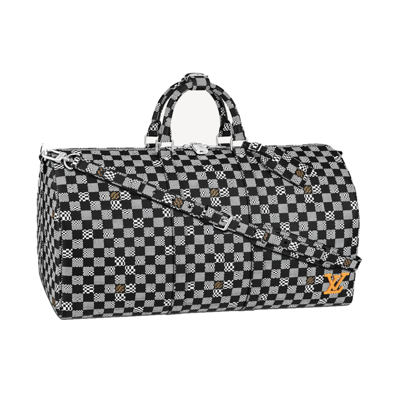 Louis Vuitton Keepall Bandoulière 50 Black/White en cuir de veau Monogram embossé noir et blanc avec poignées roulées, bandoulière amovible, fermeture zippée à double curseur et finitions métalliques.