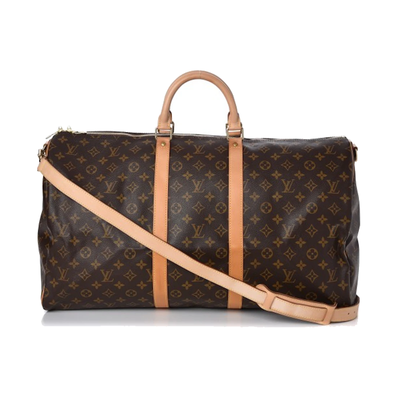 Louis Vuitton Keepall Bandoulière Monogram 55 Brown en toile Monogram marron avec garnitures en cuir naturel, poignées roulées, bandoulière réglable et amovible, fermeture zippée à double curseur et finitions métalliques.
