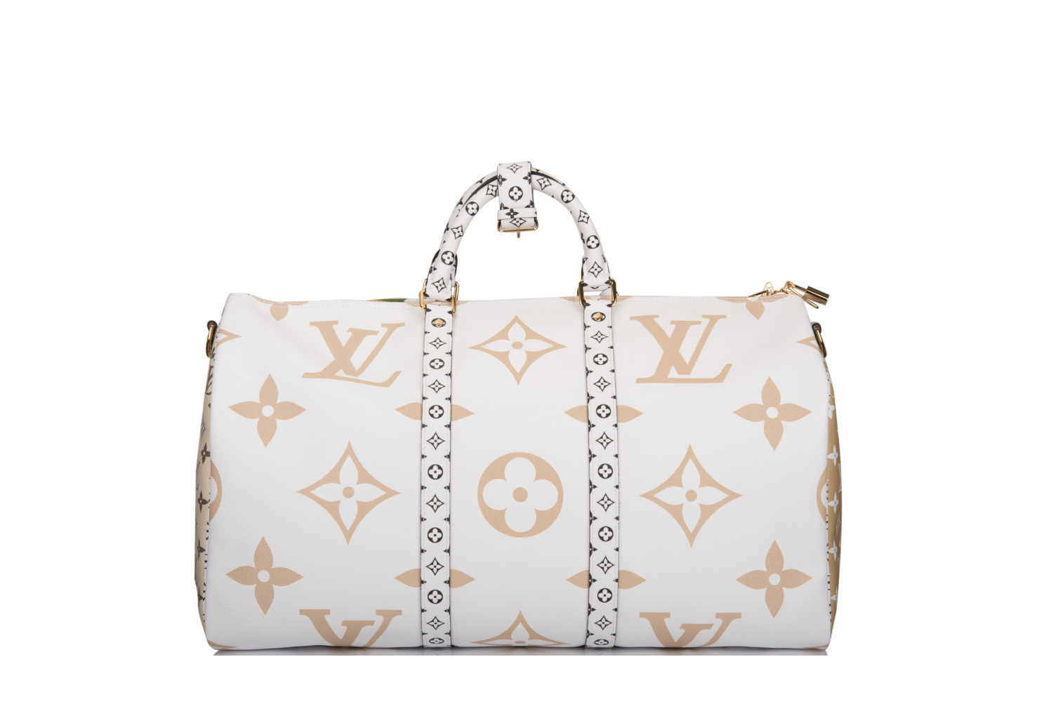 Beige, sac de voyage Louis Vuitton kaki et beige au format 50 avec motif Monogram Giant et bandoulière.