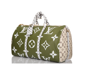 Louis Vuitton Keepall Bandoulière Monogram Giant 50 Khaki Green/Beige, sac de voyage Louis Vuitton kaki et beige au format 50 avec motif Monogram Giant et bandoulière.