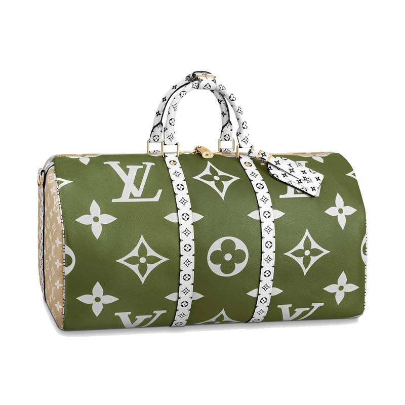 Louis Vuitton Keepall Bandoulière Monogram Giant 50 Khaki Green/Beige, sac de voyage Louis Vuitton kaki et beige au format 50 avec motif Monogram Giant et bandoulière.
